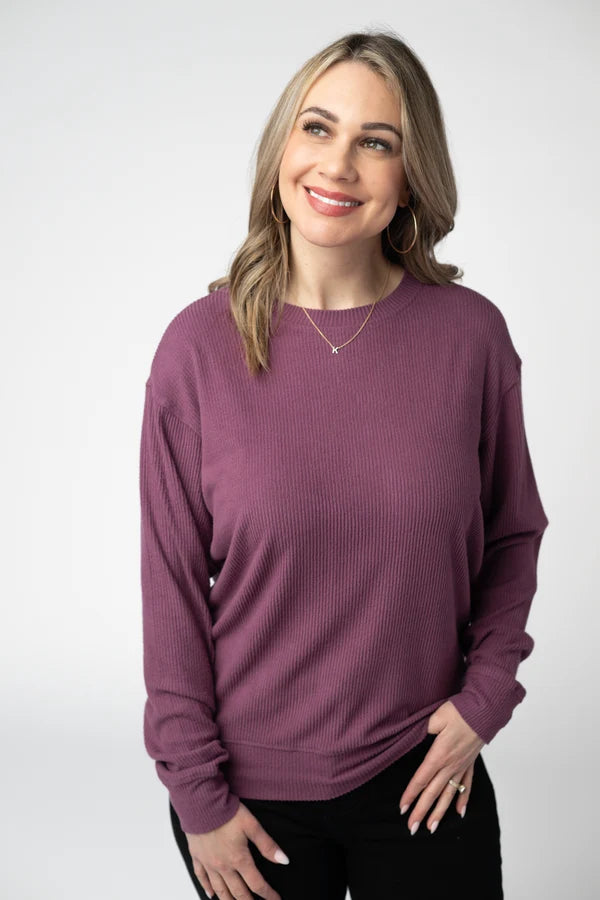 ***PRE-ORDER*** Michelle Mae Corrine Ribbed Pullover Top - Plum