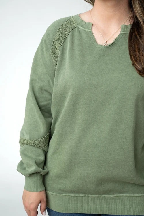 ***PRE-ORDER*** Michelle Mae Lace Accent Vintage Wash Pullover - Olive