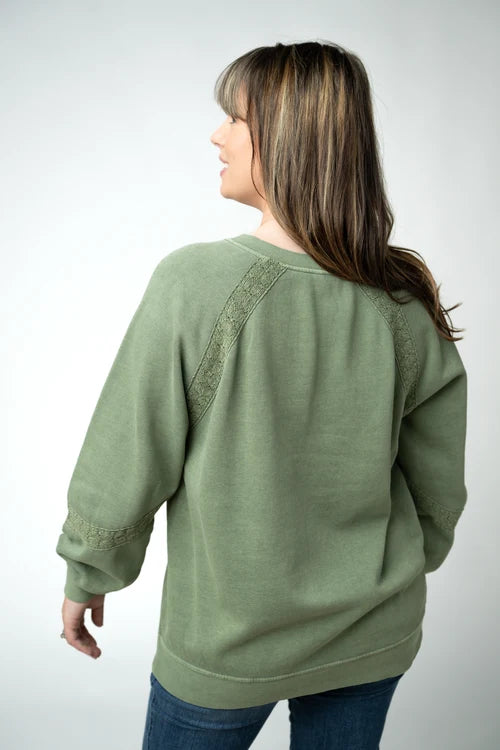 ***PRE-ORDER*** Michelle Mae Lace Accent Vintage Wash Pullover - Olive