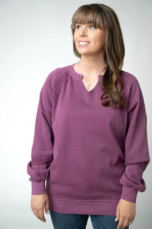***PRE-ORDER*** Michelle Mae Lace Accent Vintage Wash Pullover - Purple