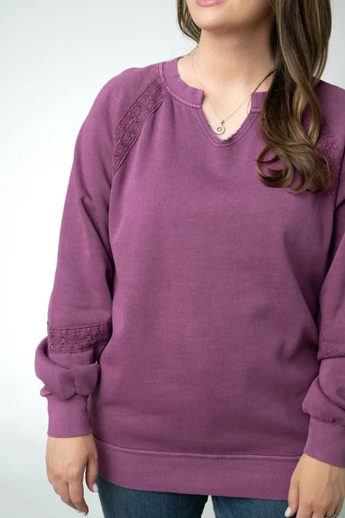 ***PRE-ORDER*** Michelle Mae Lace Accent Vintage Wash Pullover - Purple