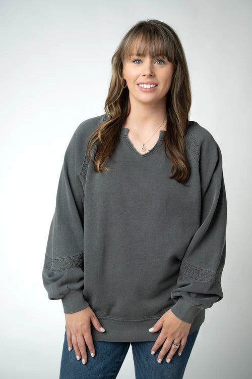 ***PRE-ORDER*** Michelle Mae Lace Accent Vintage Wash Pullover - Black