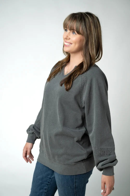 ***PRE-ORDER*** Michelle Mae Lace Accent Vintage Wash Pullover - Black