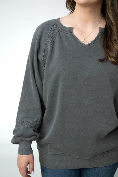 ***PRE-ORDER*** Michelle Mae Lace Accent Vintage Wash Pullover - Black
