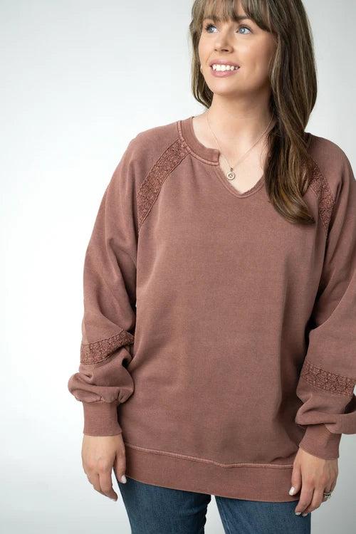 ***PRE-ORDER*** Michelle Mae Lace Accent Vintage Wash Pullover - Brown