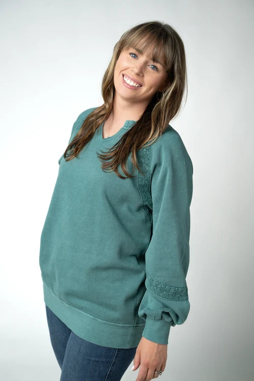***PRE-ORDER*** Michelle Mae Lace Accent Vintage Wash Pullover - Teal