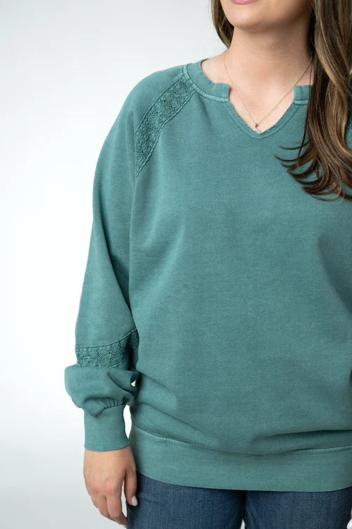 ***PRE-ORDER*** Michelle Mae Lace Accent Vintage Wash Pullover - Teal