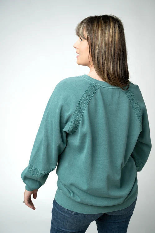 ***PRE-ORDER*** Michelle Mae Lace Accent Vintage Wash Pullover - Teal