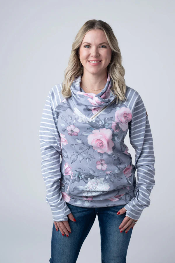 Michelle Mae Classic Zoey ZipCowl Sweatshirt - Grey Floral and Stripes