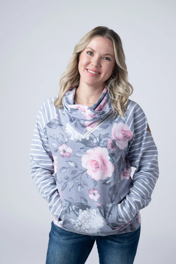 Michelle Mae Classic Zoey ZipCowl Sweatshirt - Grey Floral and Stripes