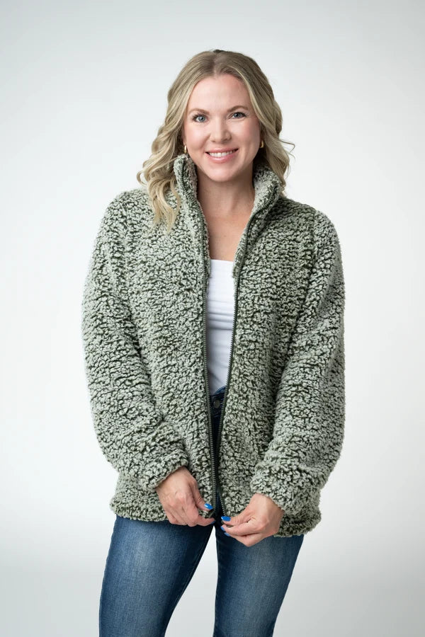 Michelle Mae Two Tone Fullzip Sherpa - Olive