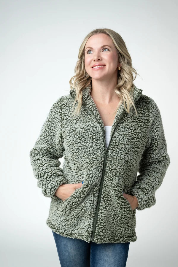 Michelle Mae Two Tone Fullzip Sherpa - Olive