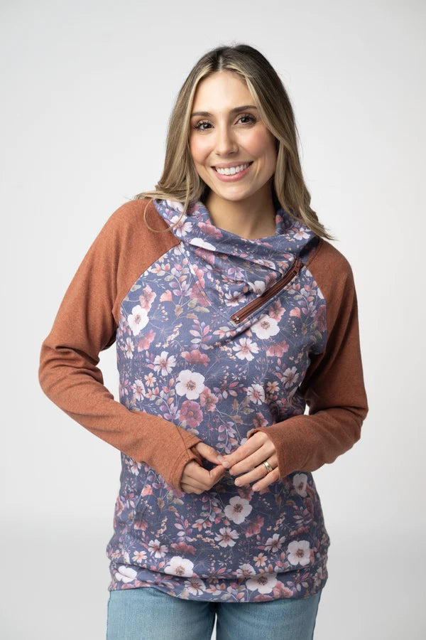 ***PRE-ORDER*** Michelle Mae Classic Zoey ZipCowl Sweatshirt - Blushwood Floral and Terra Cotta
