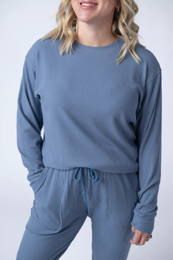 ***PRE-ORDER*** Michelle Mae Corrine Ribbed Pullover Top - Denim