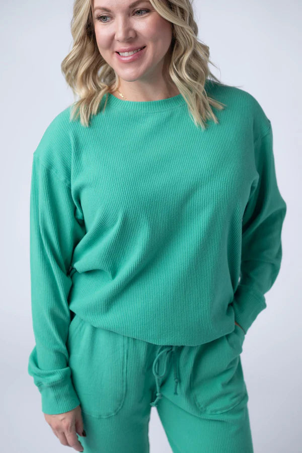 Michelle Mae Corrine Ribbed Pullover Top - Emerald