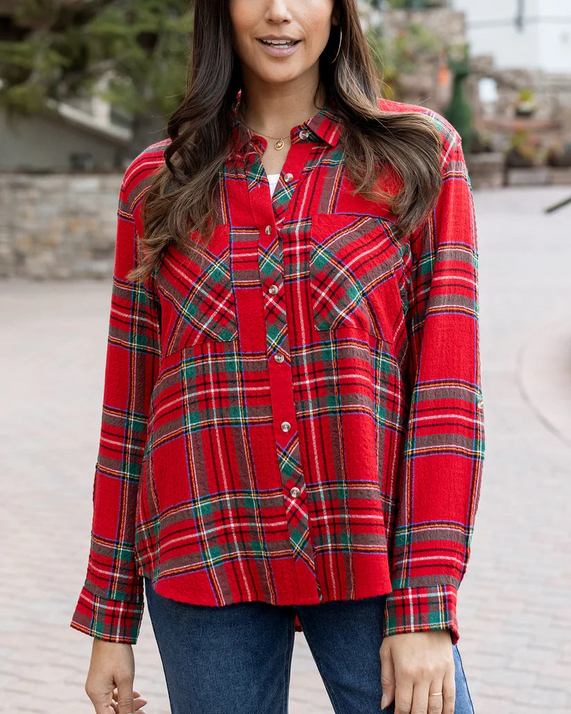 Grace and Lace Favorite Button Up Top - Christmas Plaid