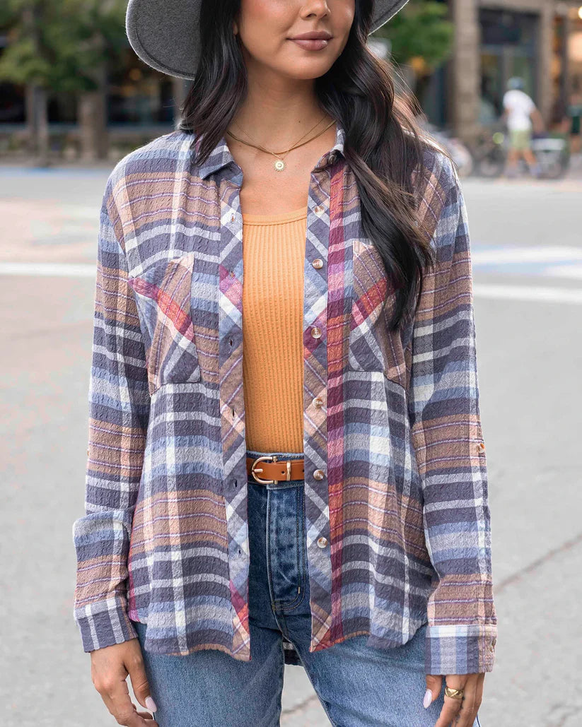 Grace and Lace Favorite Button Up Top - Navy Plaid