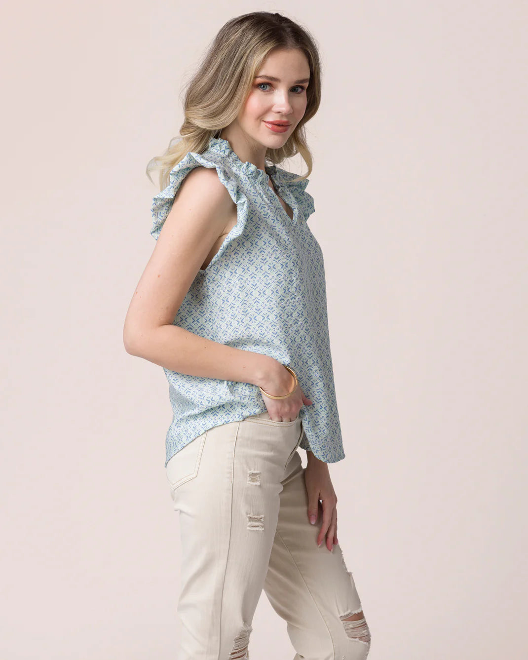 ***PRE-ORDER*** Grace &amp; Lace Effortless Ruffle Collar Top - Coastal Calm