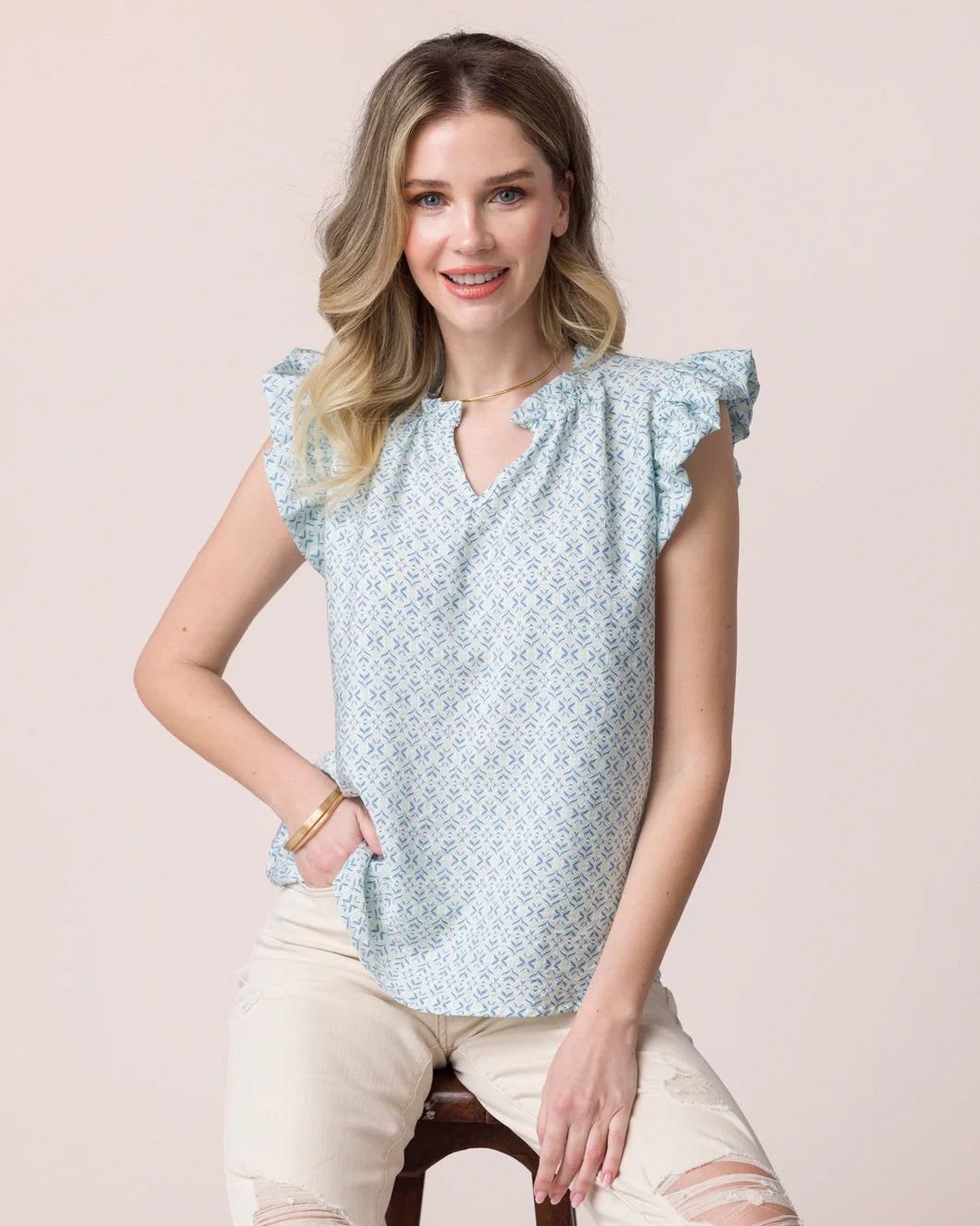 ***PRE-ORDER*** Grace &amp; Lace Effortless Ruffle Collar Top - Coastal Calm