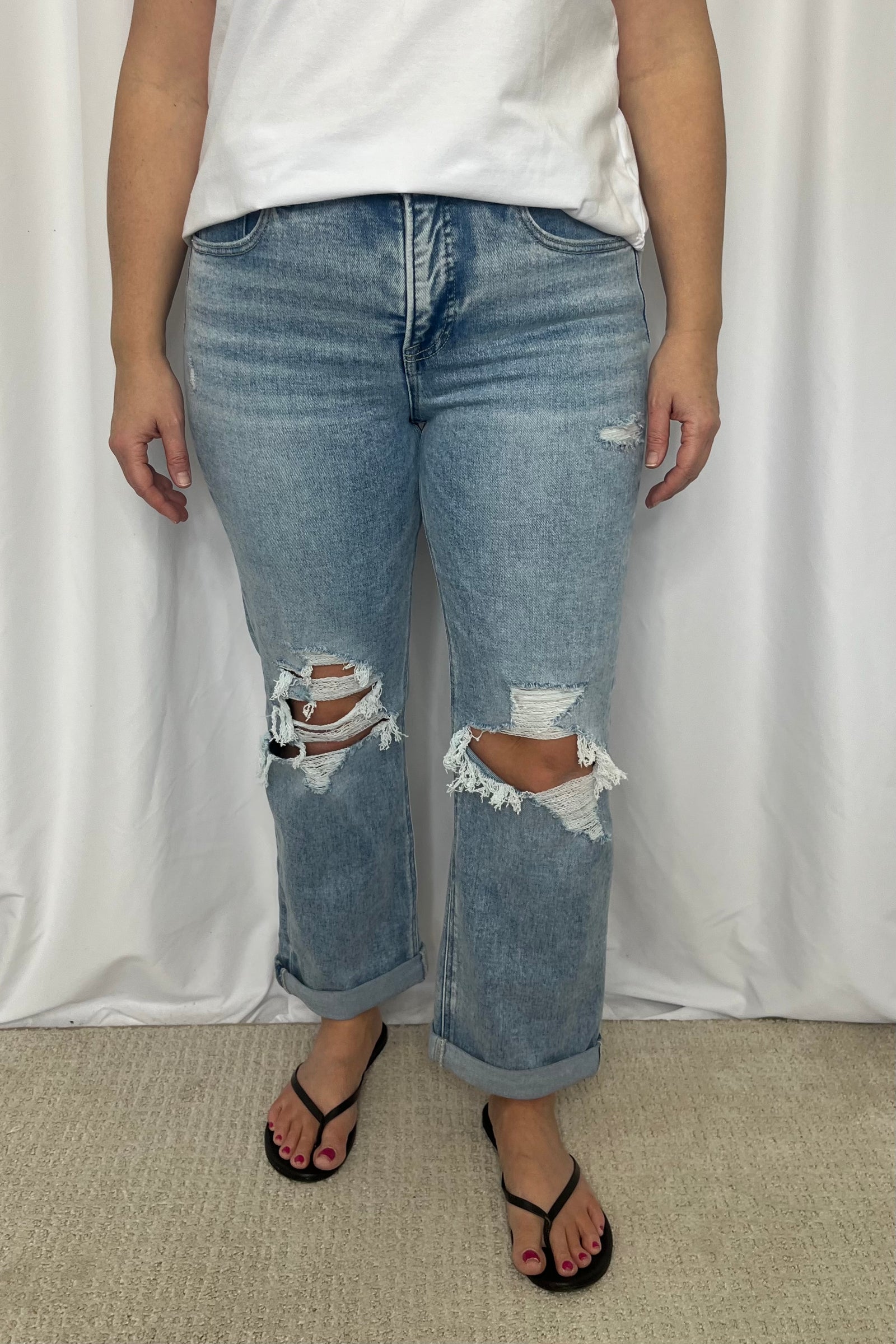 Risen "Ronnie" High Rise, Distressed, Tummy Control, Ankle Straight Denim - Light Wash