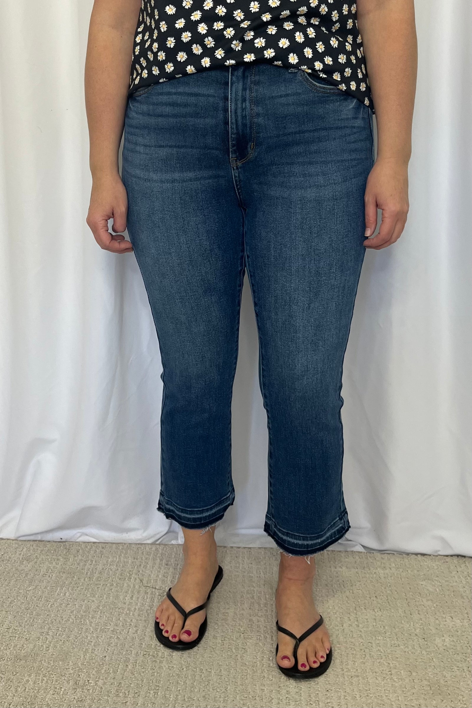 Judy Blue "Wyatt" High Rise Release Hem Kick Flare Denim - Dark Mid Wash