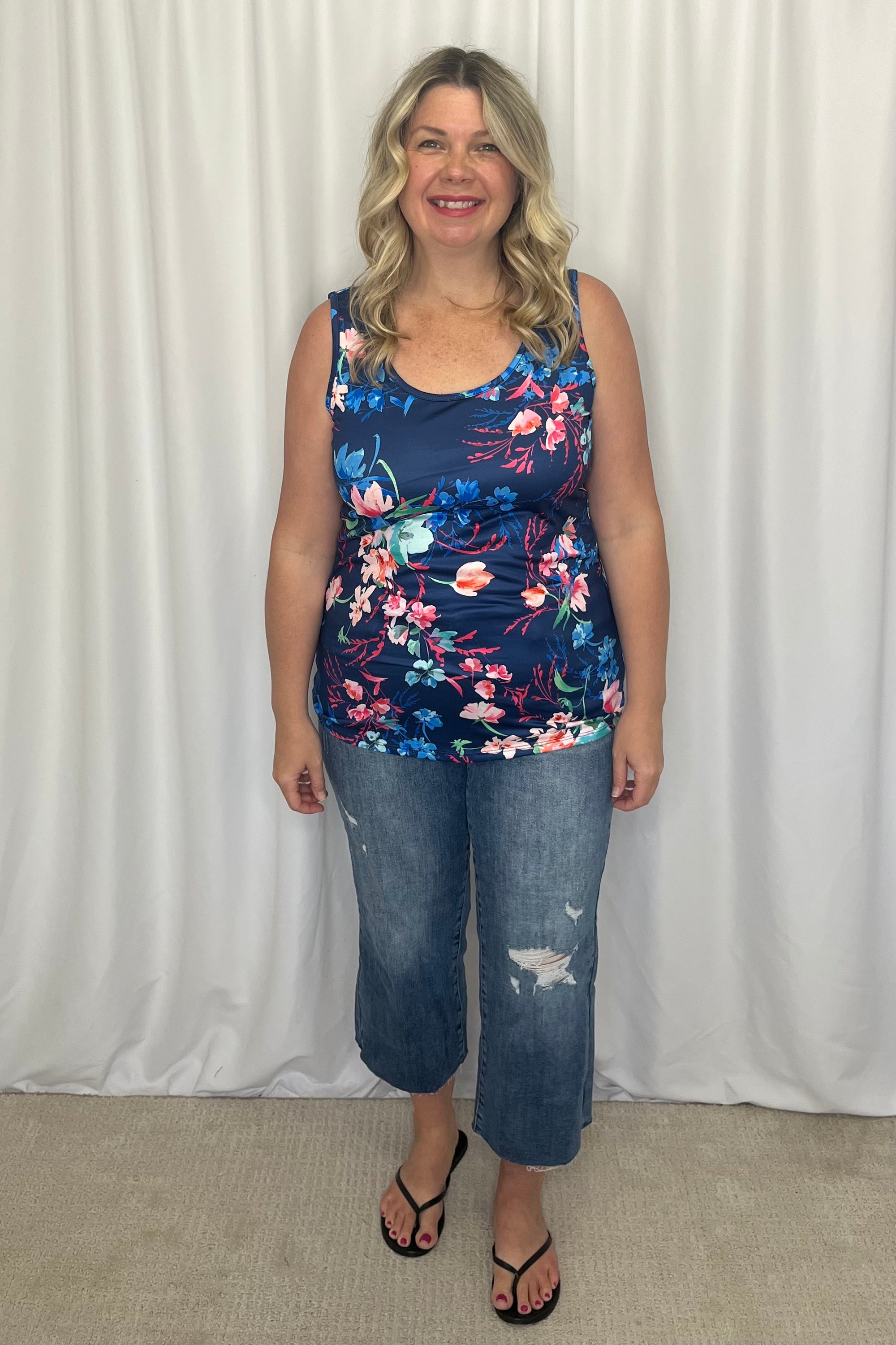 ***PRE-ORDER*** Michelle Mae Luxe Crew Tank - Navy Floral Bliss