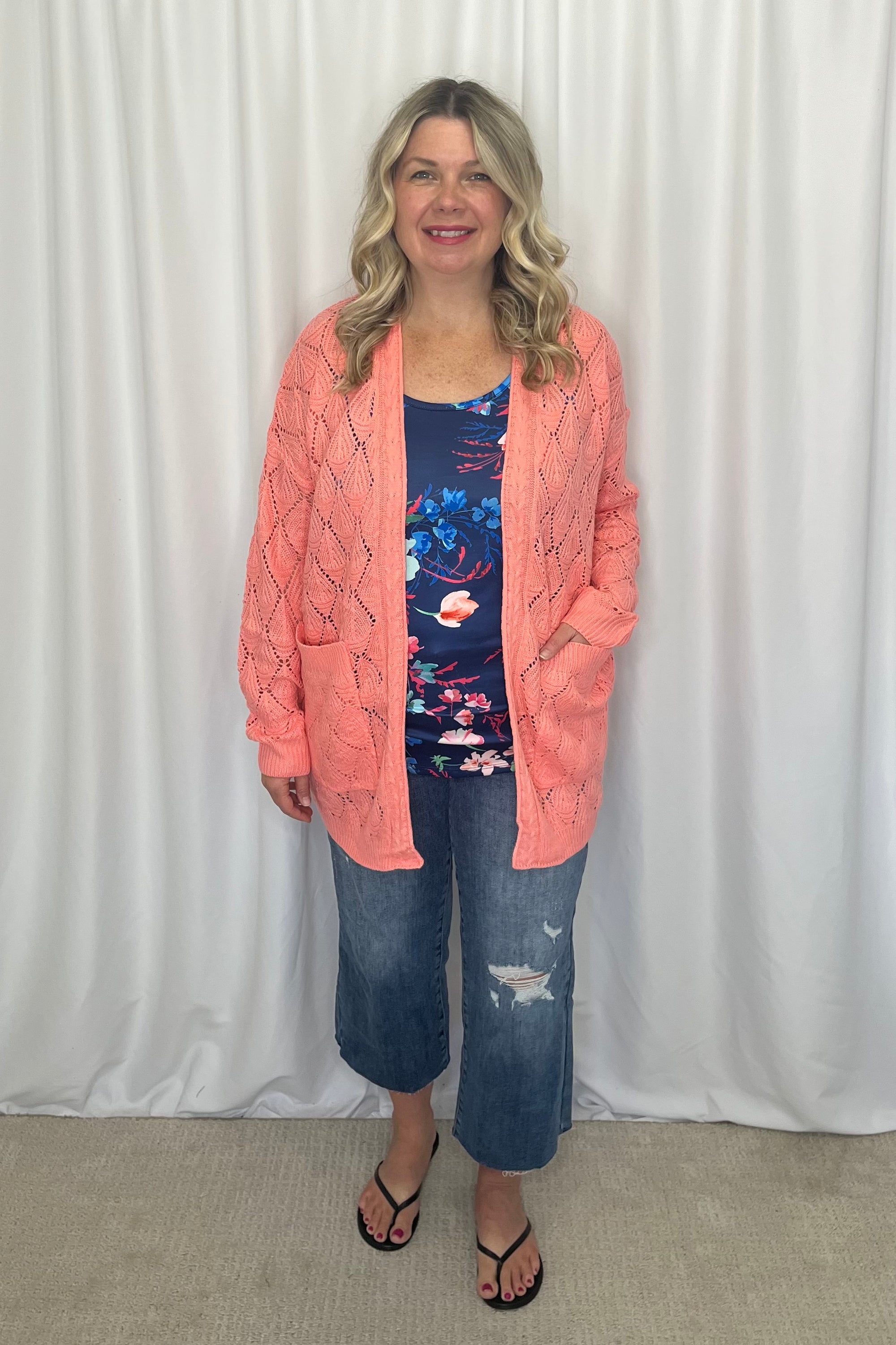 Michelle Mae Open Knit Cardigan - Coral