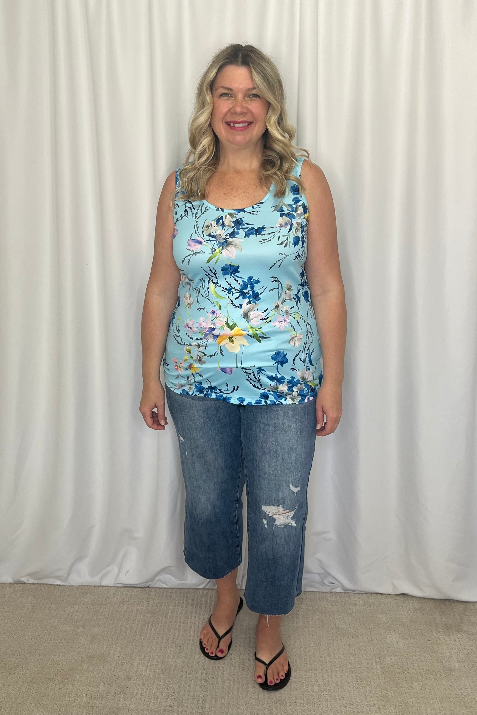 Michelle Mae Luxe Crew Tank - Light Blue Floral Bliss