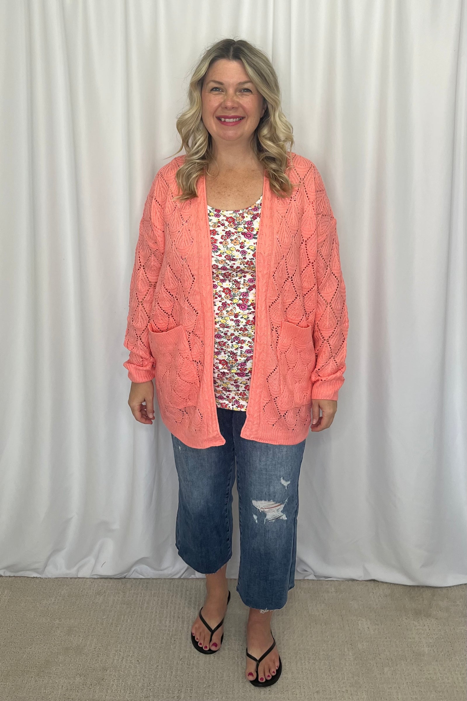 Michelle Mae Open Knit Cardigan - Coral