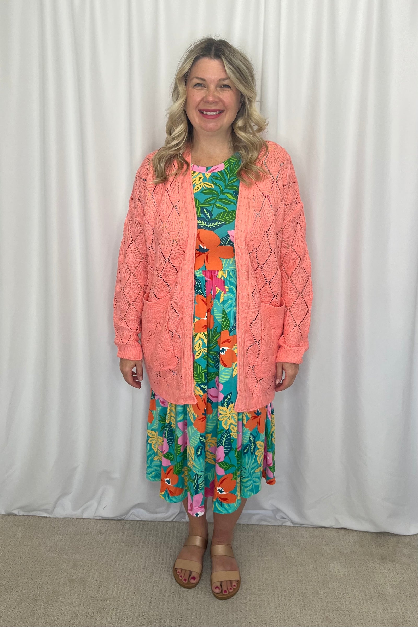 Michelle Mae Open Knit Cardigan - Coral