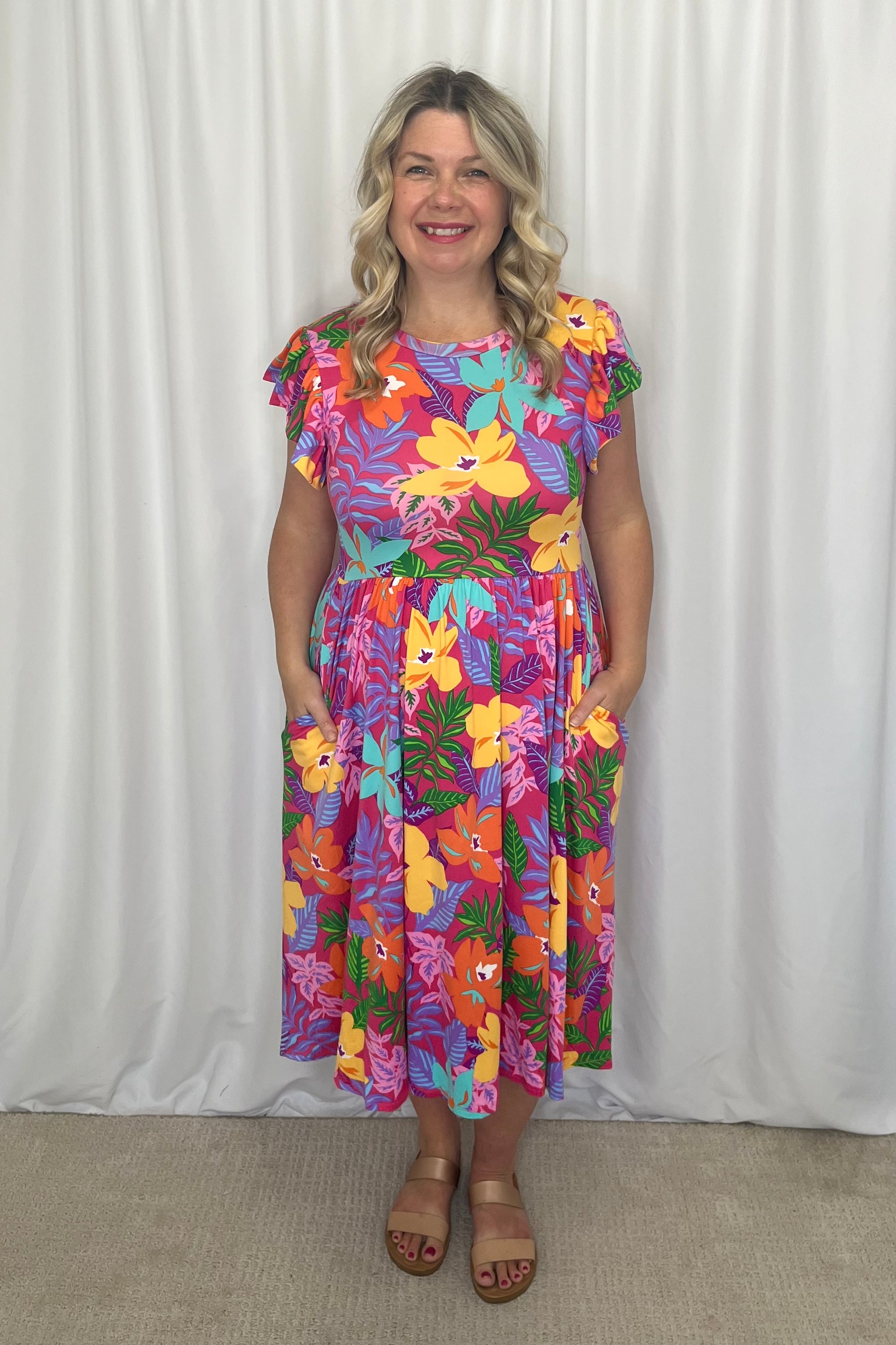 Tricia Midi Floral Dress with Pockets - Fuchsia