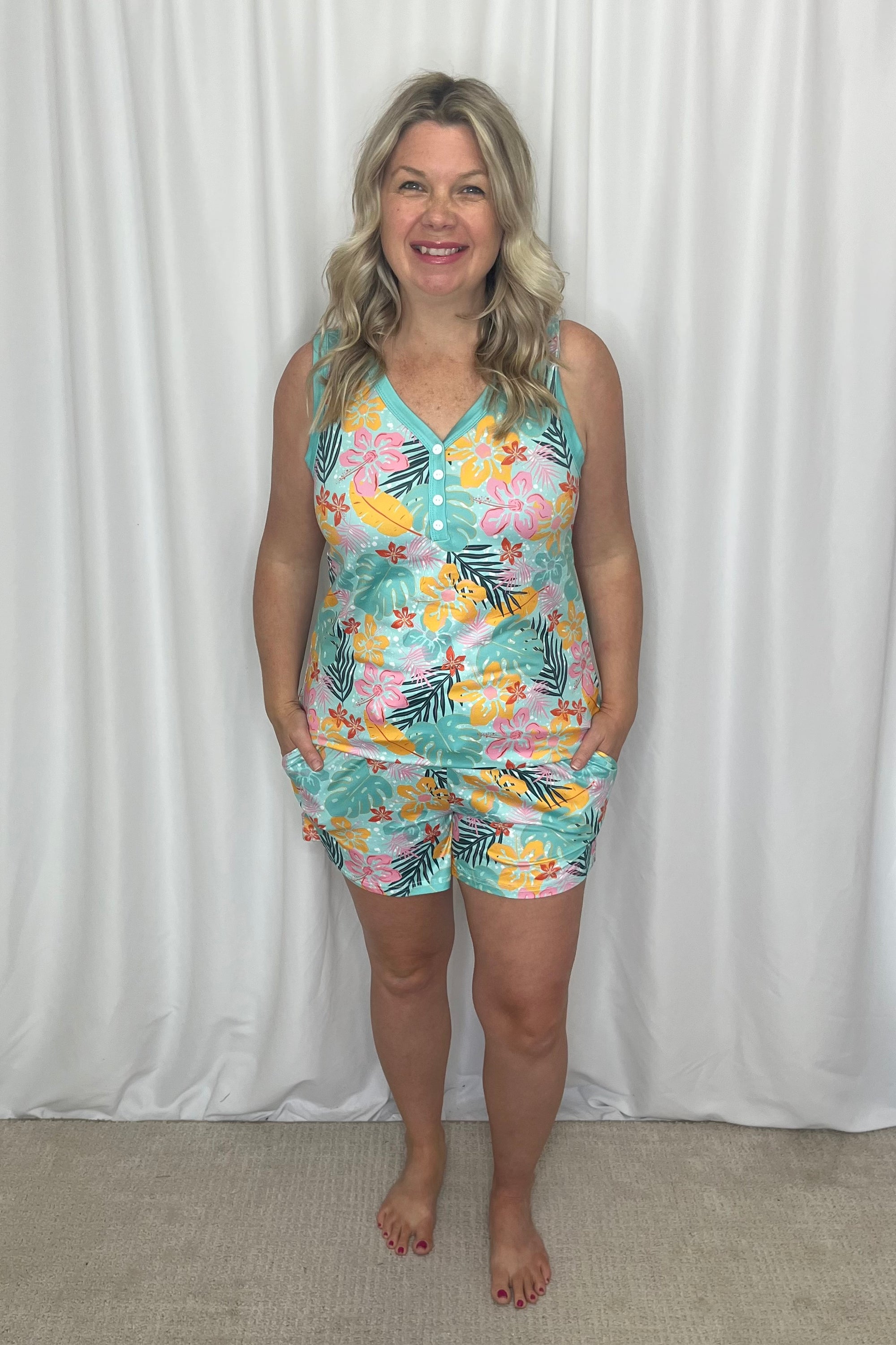 Shirley Pajama Tank Short Set -  Tropical Leaves
