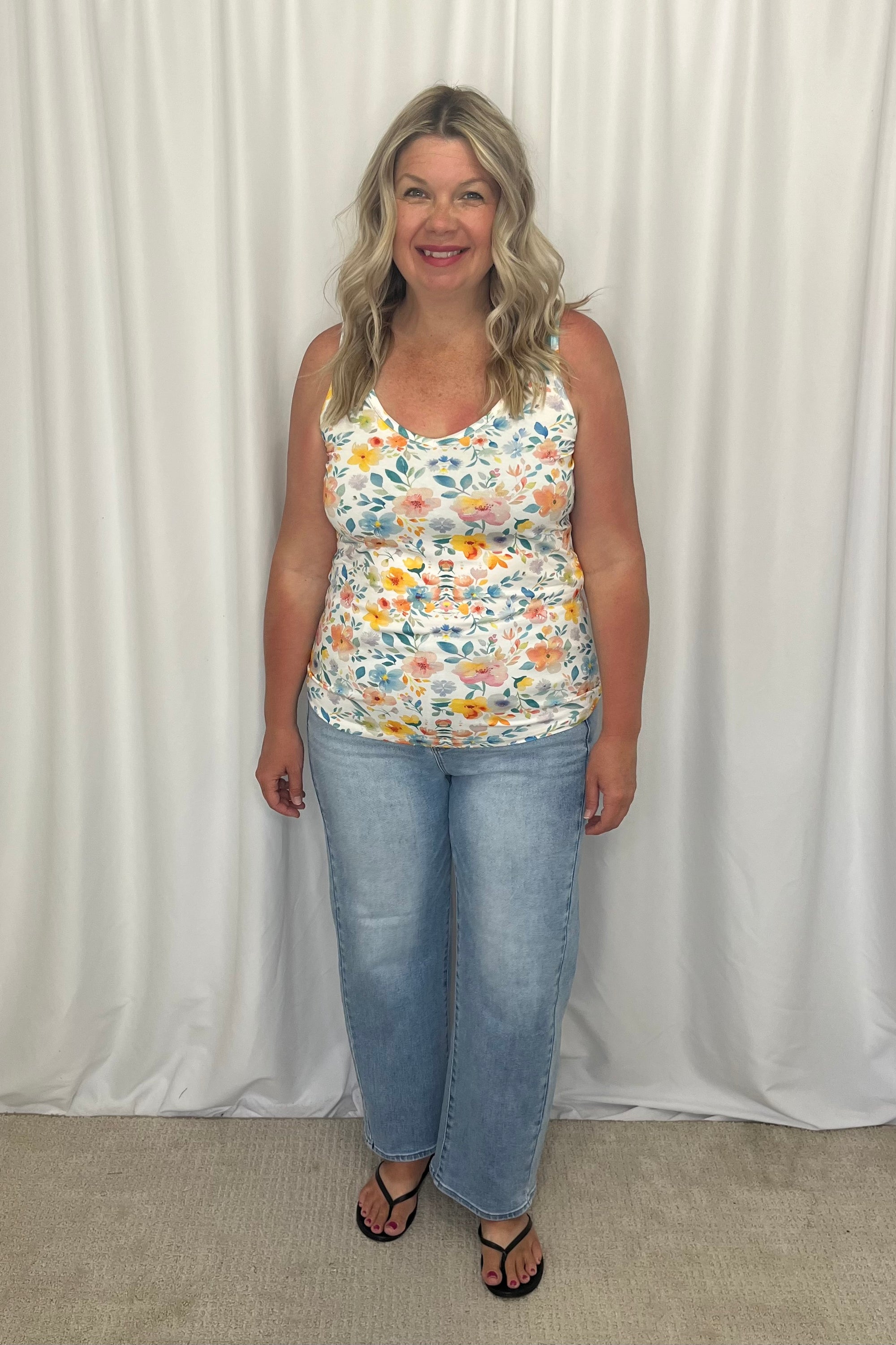 Michelle Mae "Poppy" Tank - Watercolor Floral and Teal