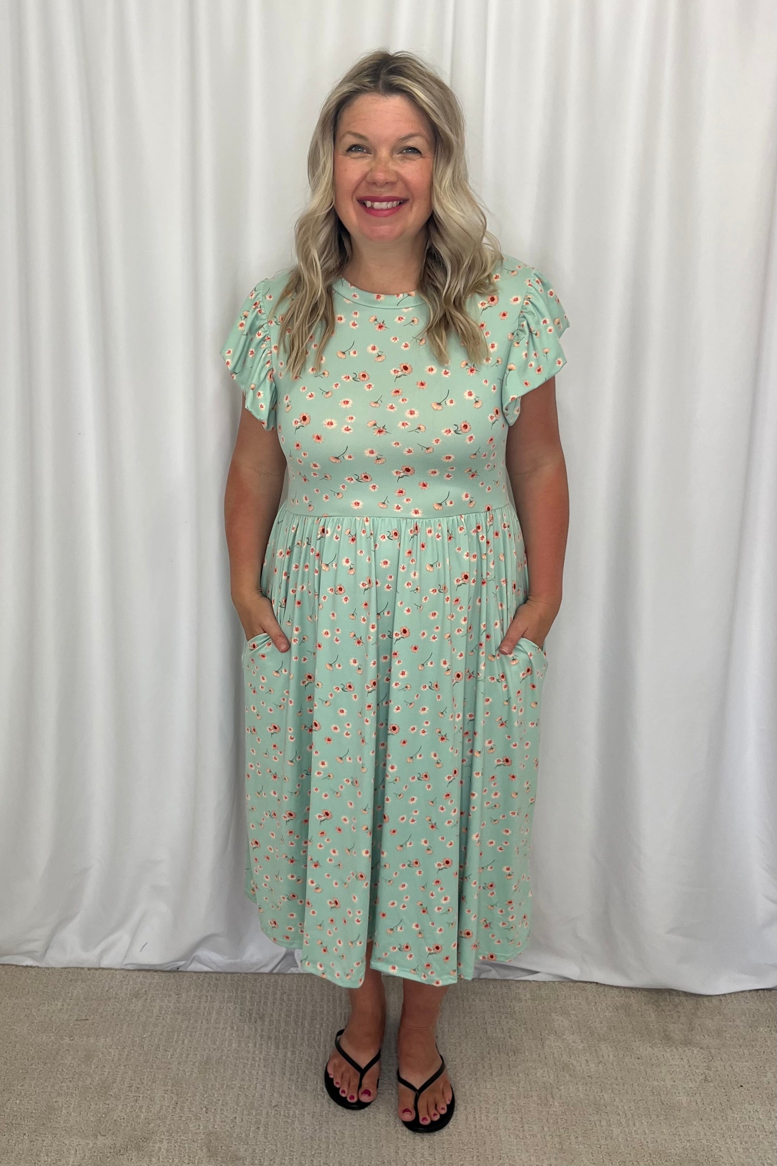 Tricia Midi Floral Dress with Pockets - Sage