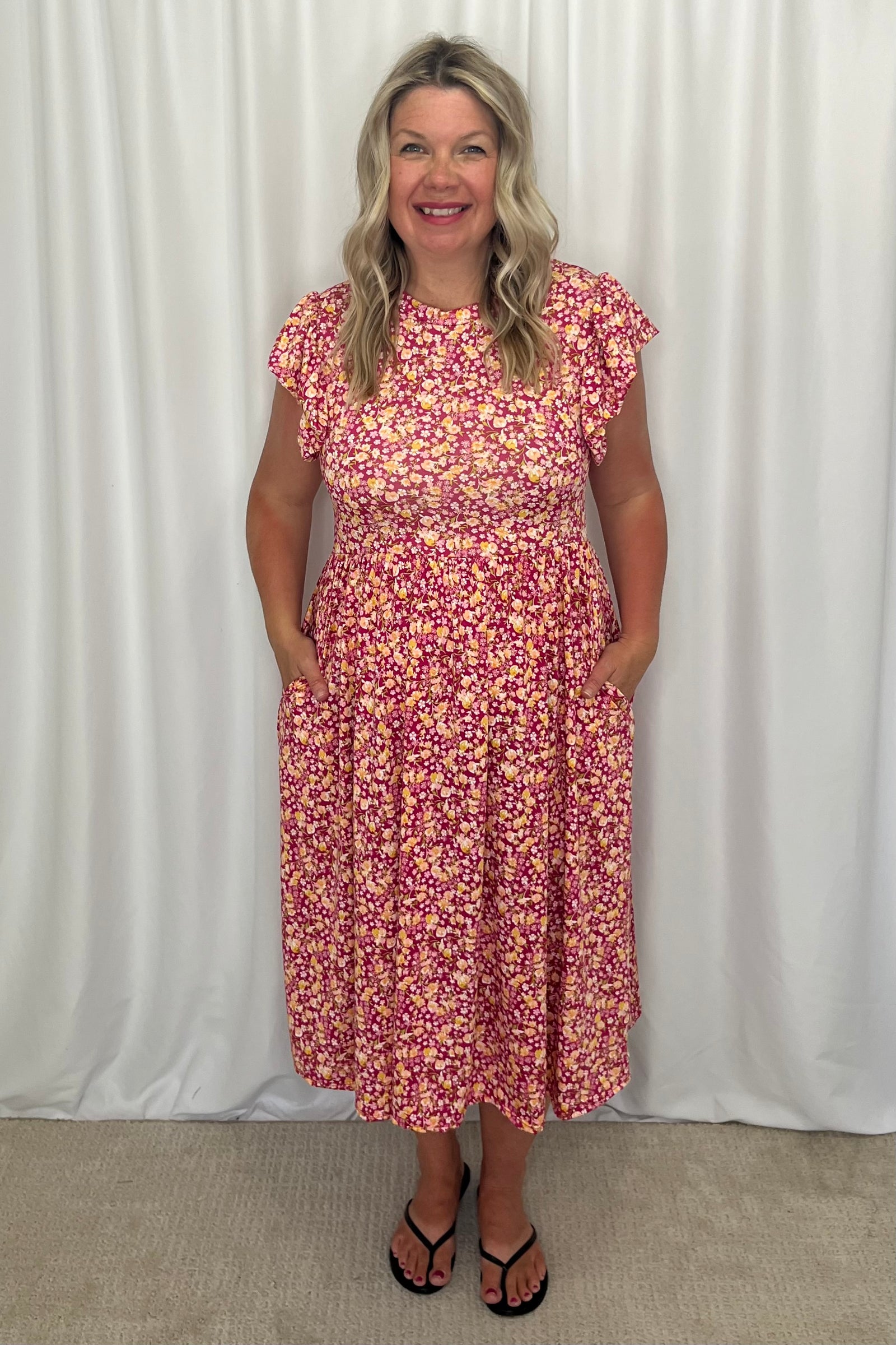 Tricia Midi Floral Dress with Pockets - Ditsy Fuchsia