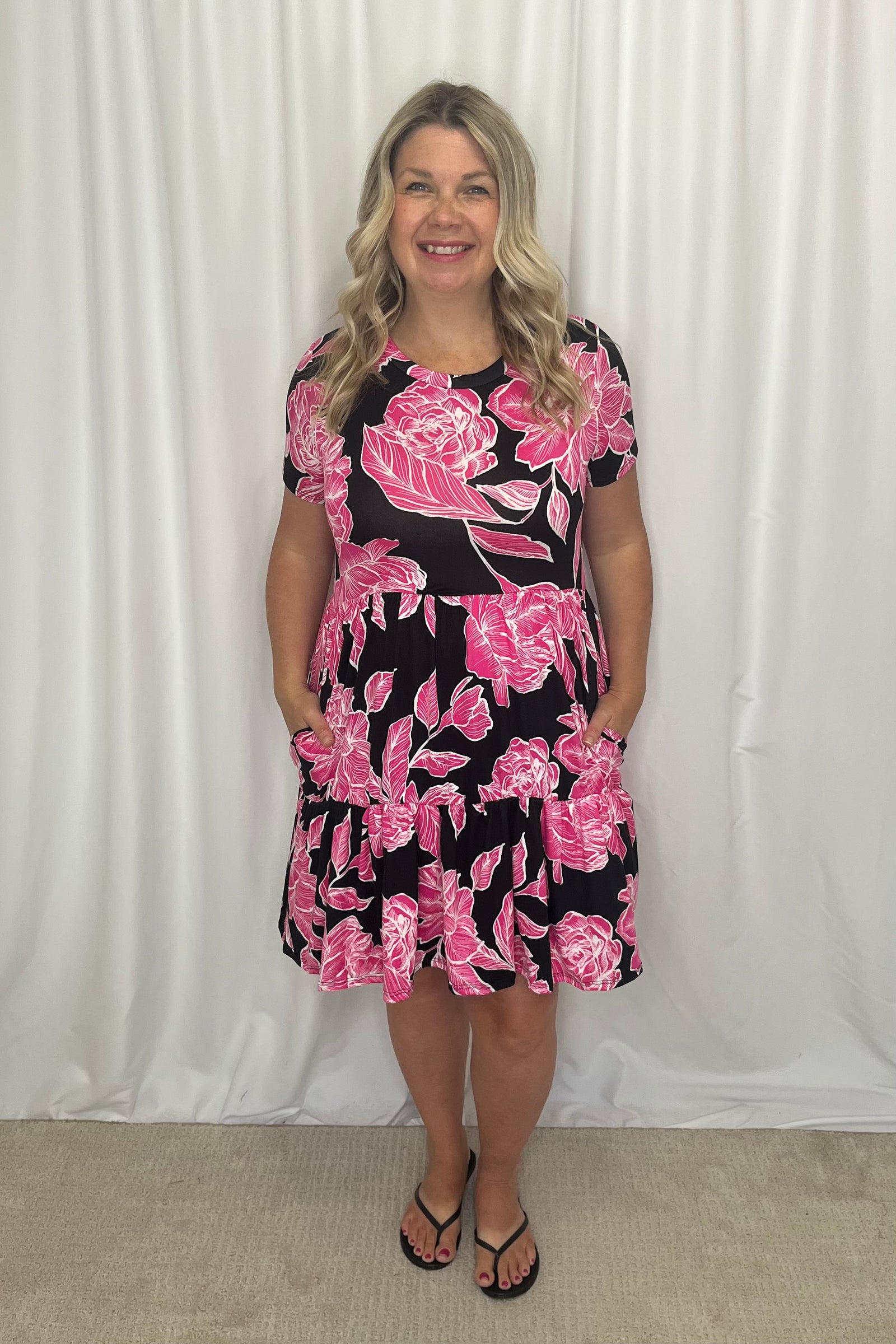 Marcia Tiered Dress with Pockets - Black and Magenta