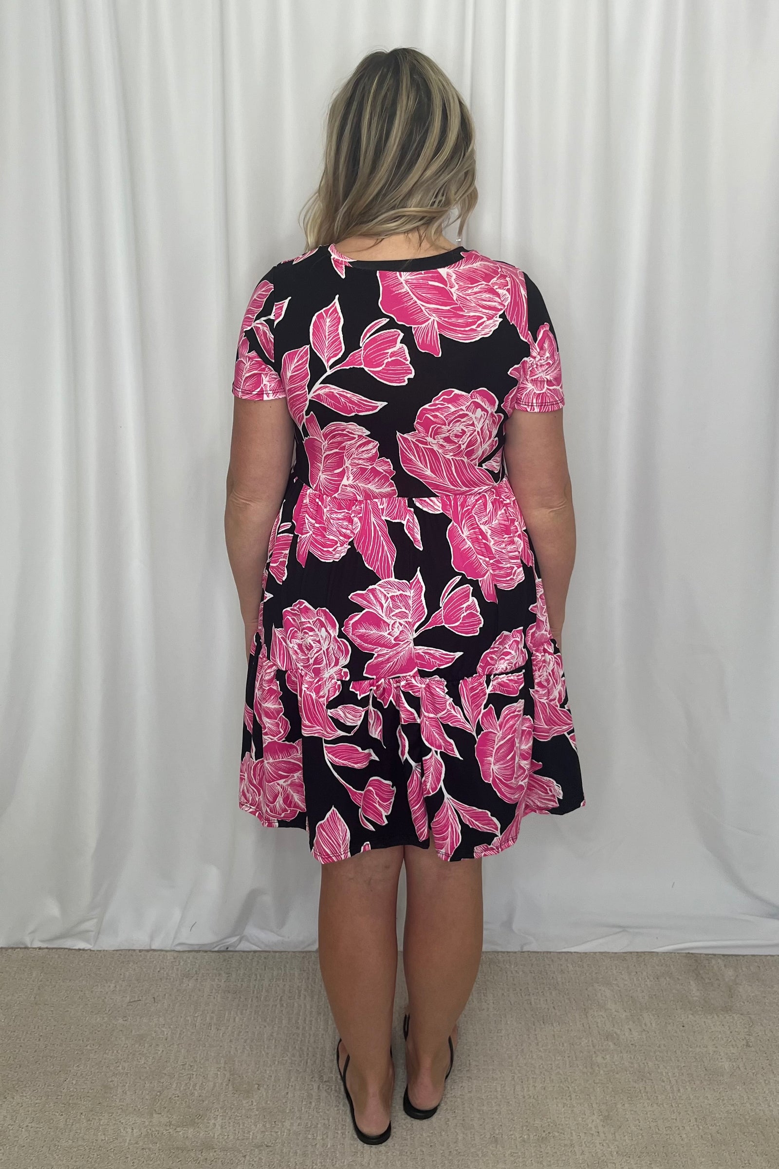 Marcia Tiered Dress with Pockets - Black and Magenta