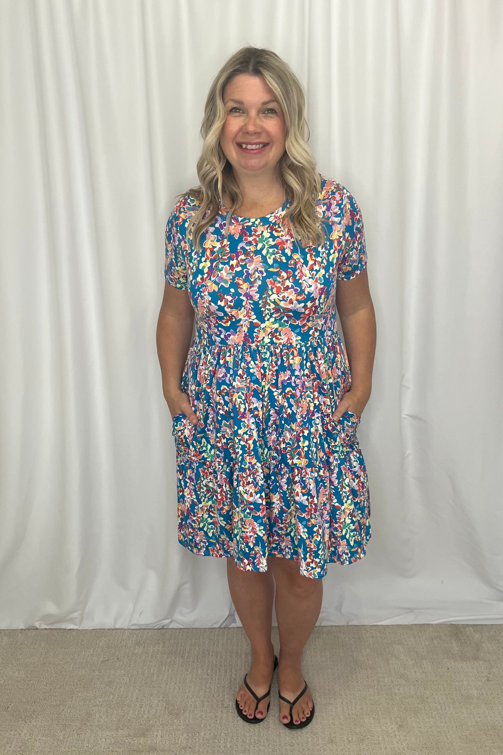 Marcia Tiered Dress with Pockets - Blue Floral
