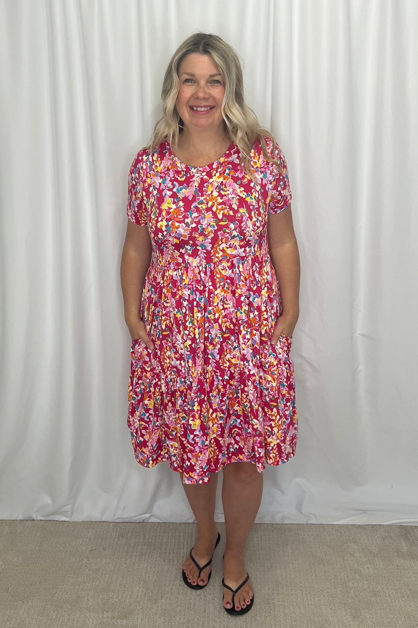 Marcia Tiered Dress with Pockets - Fuchsia Floral