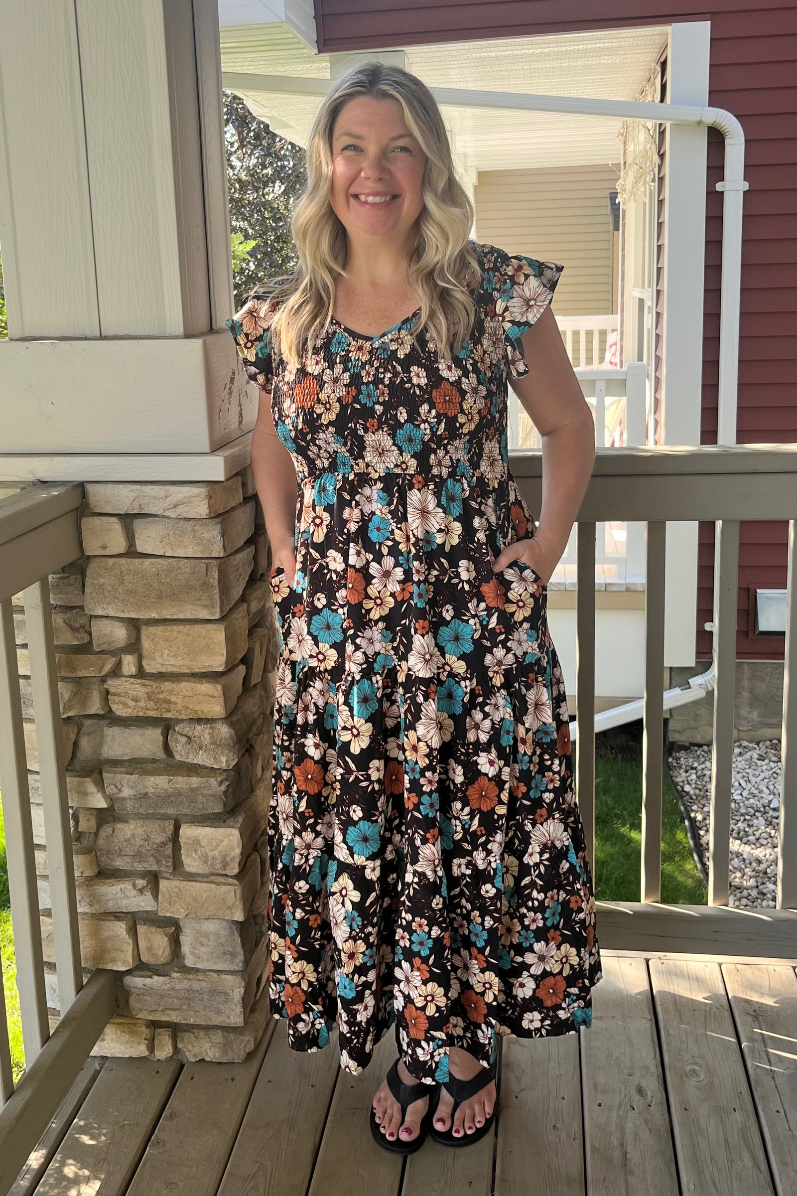 Serina Smocked Tiered Dress with Pockets - Bluewood Bloom