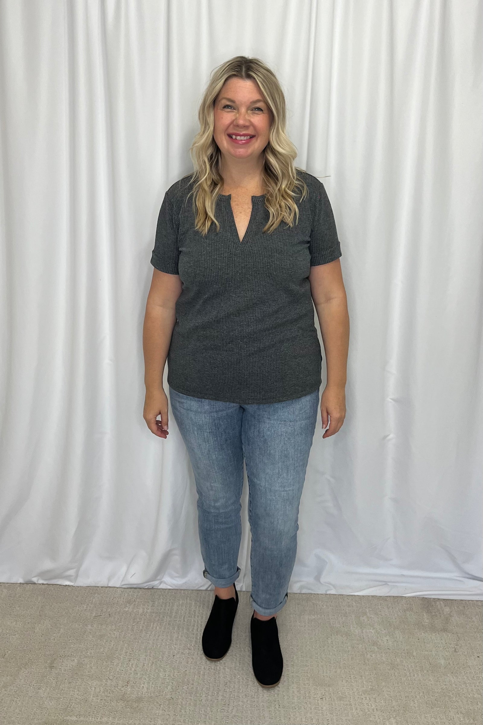 Phoebe Waffle Tee - Charcoal