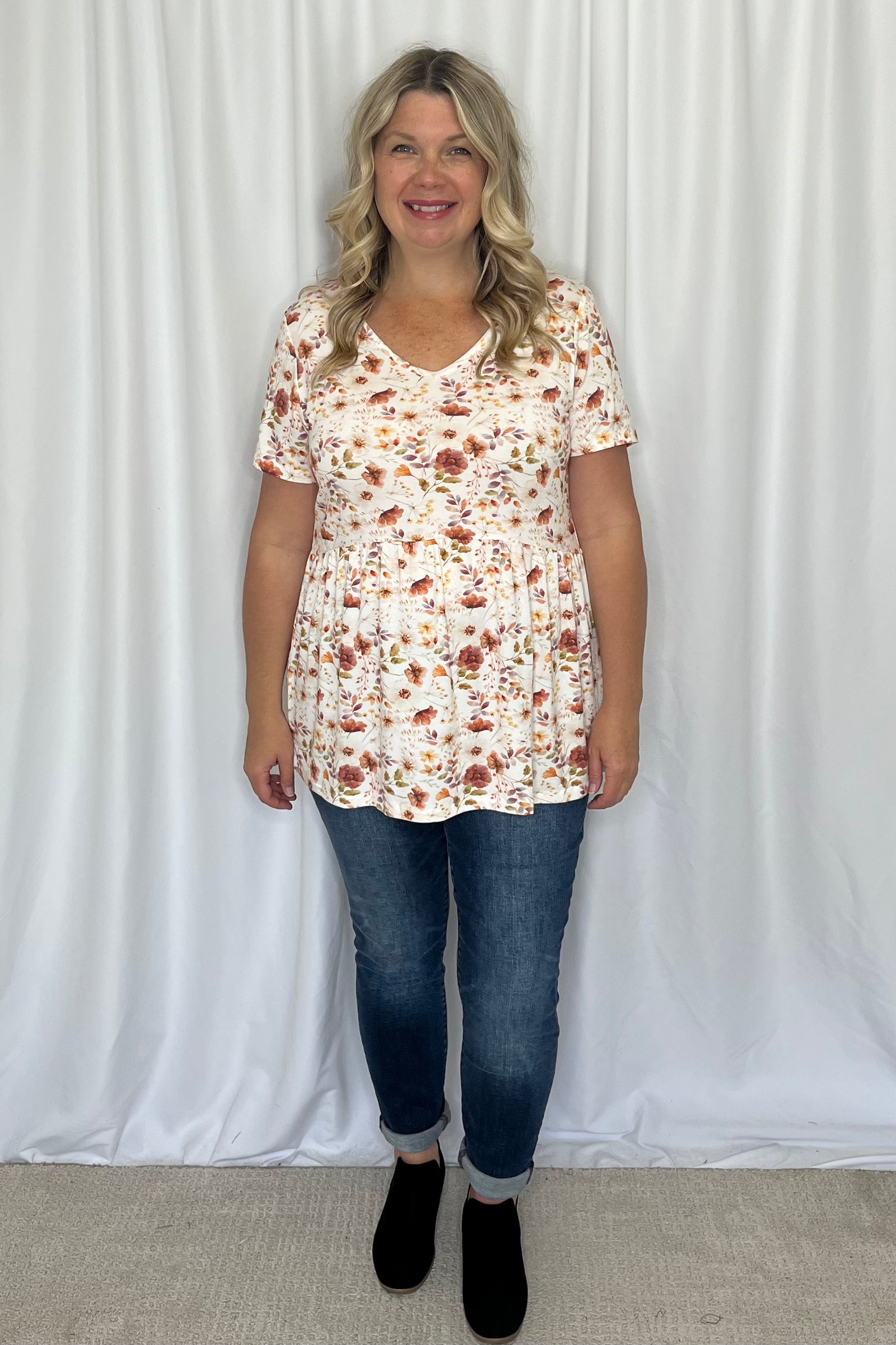 Michelle Mae "Sarah" Ruffle Short Sleeve Top - Harvest Charm Floral