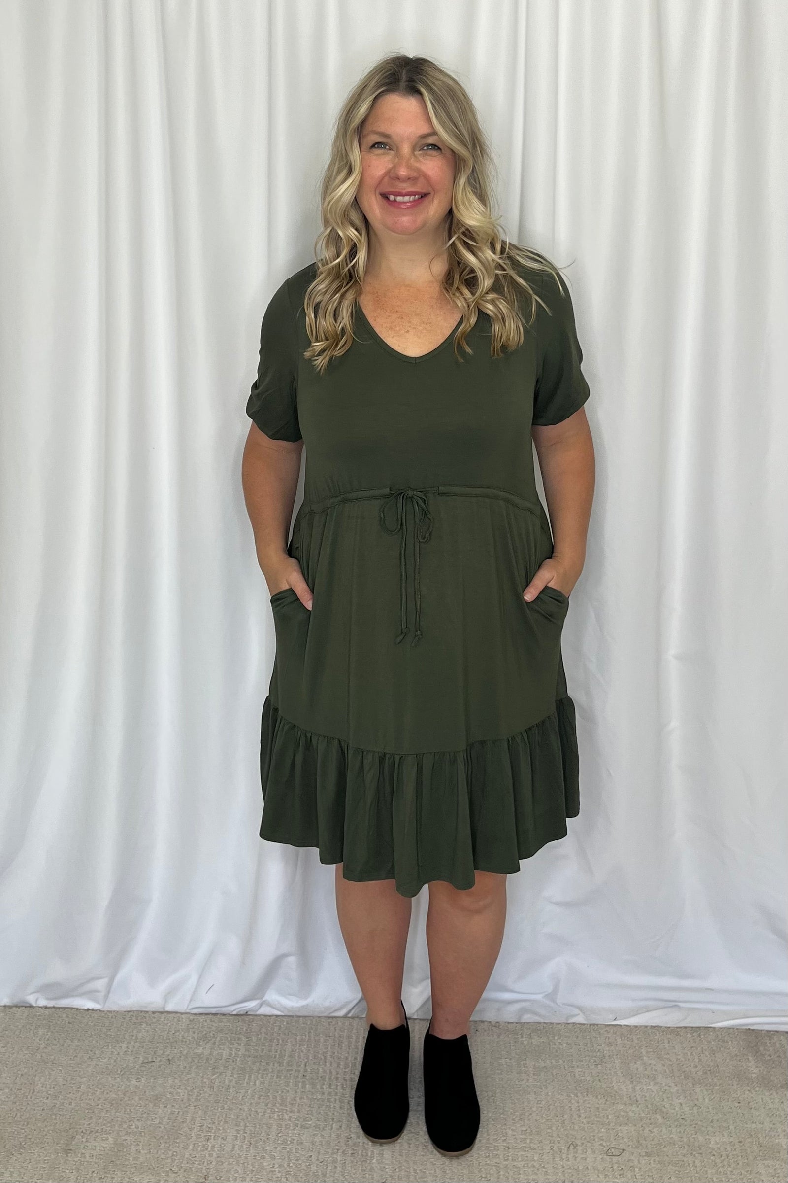 Modal Waist Tie Dress - Olive