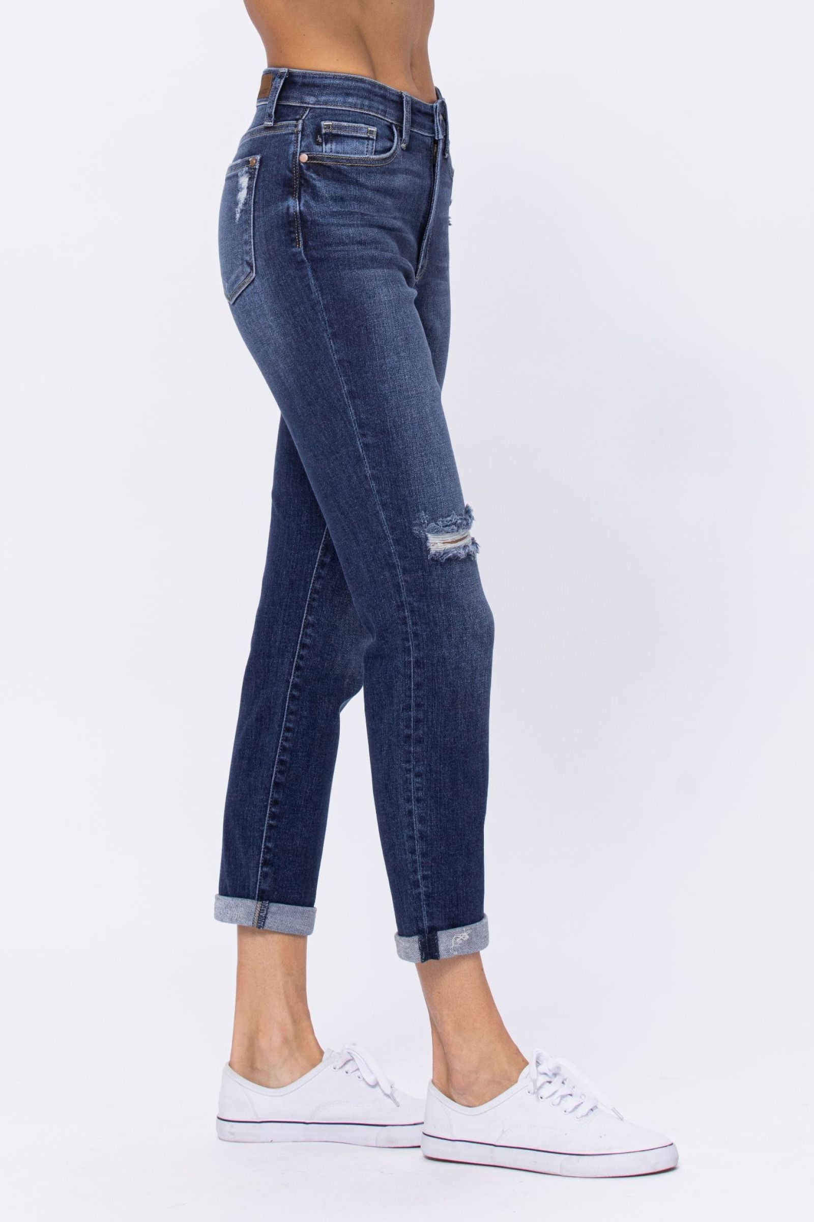 Judy Blue "Bailey" High Rise Distressed Boyfriend Denim - Dark Wash