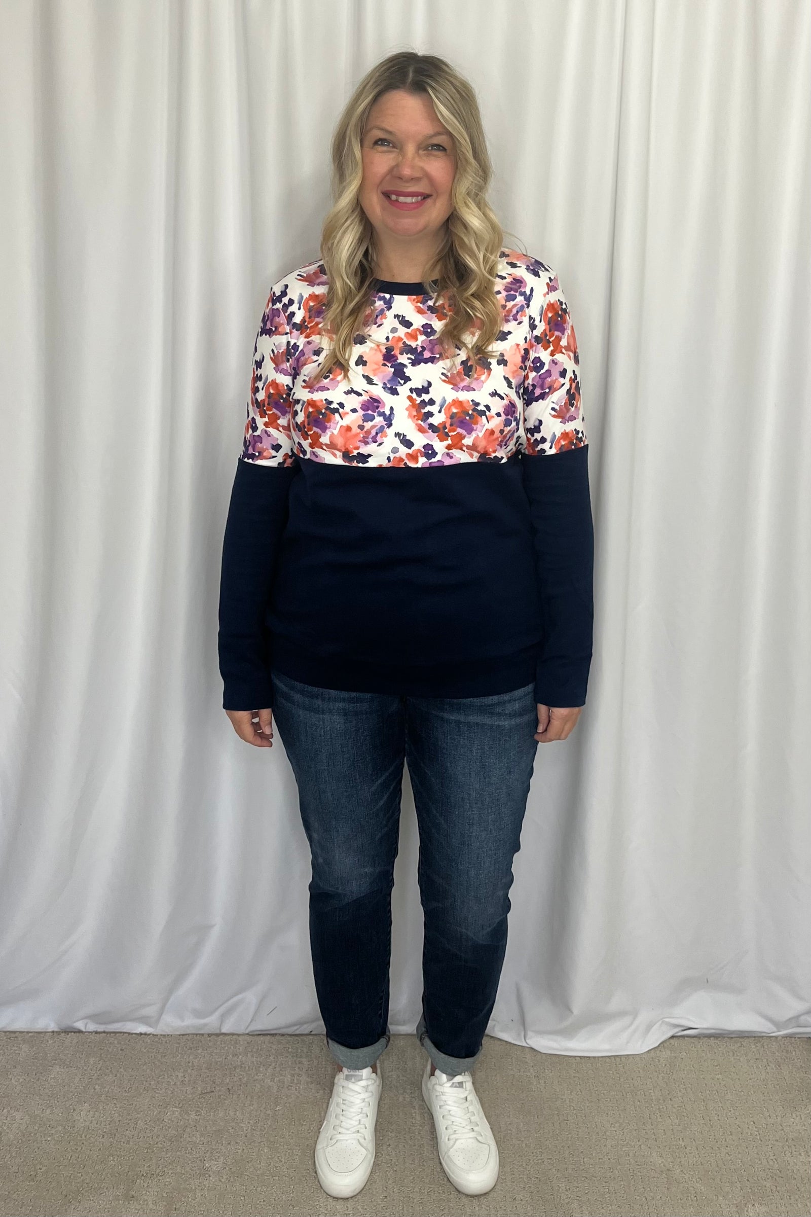 Michelle Mae "Natalie" Pullover - Autumn Purple Abstract and Navy