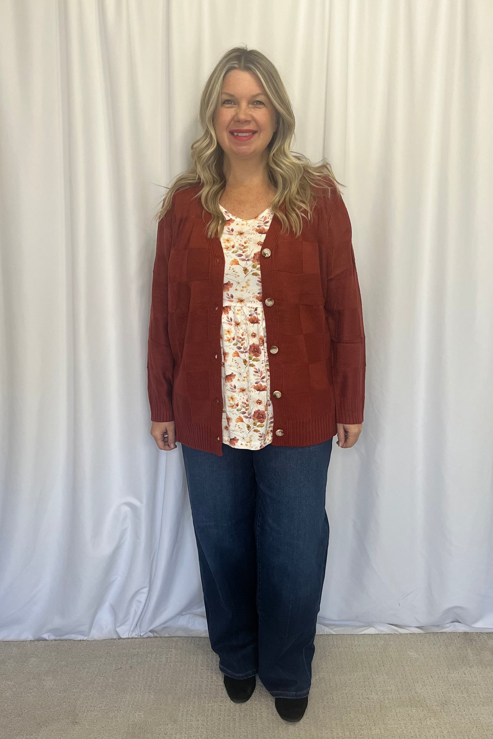 Michelle Mae "Chelsea" Checkered Cardigan - Brick