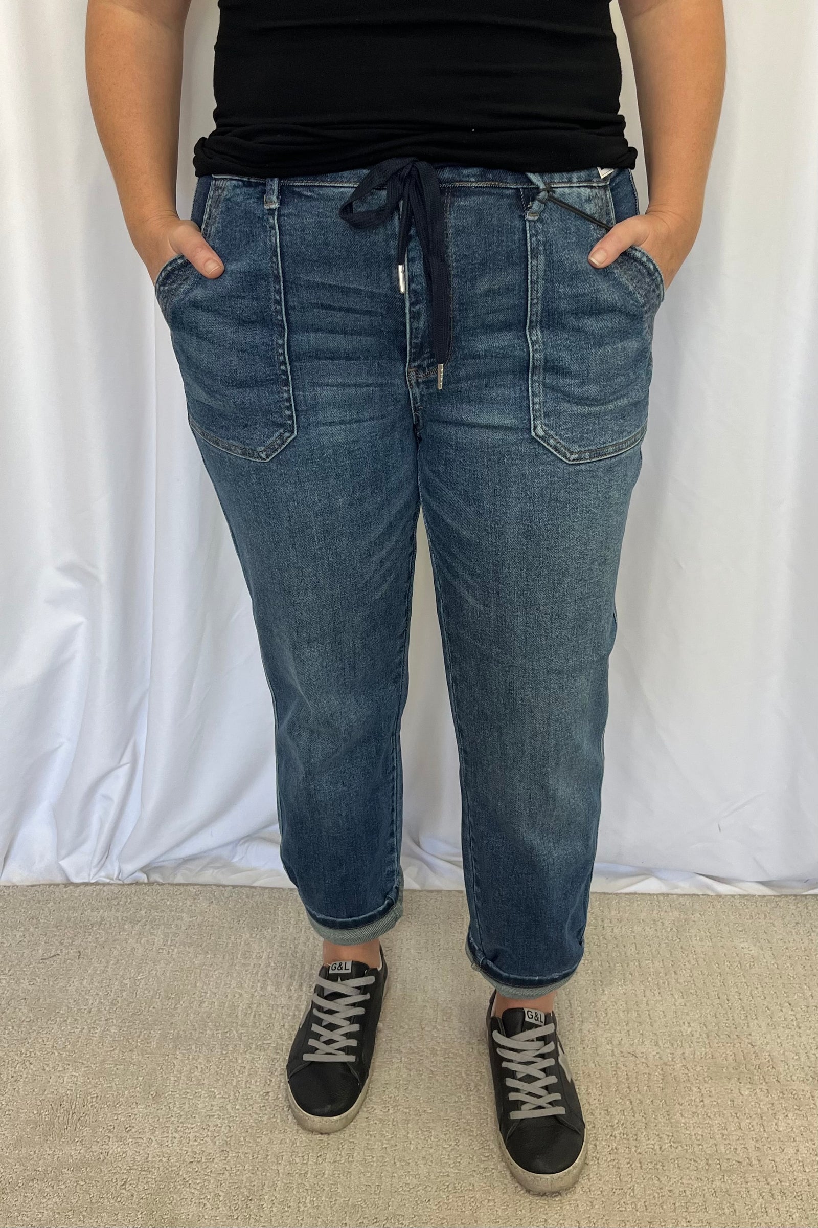 Judy Blue "Finn" High Rise Vintage Wash Denim Jogger - Dark Wash