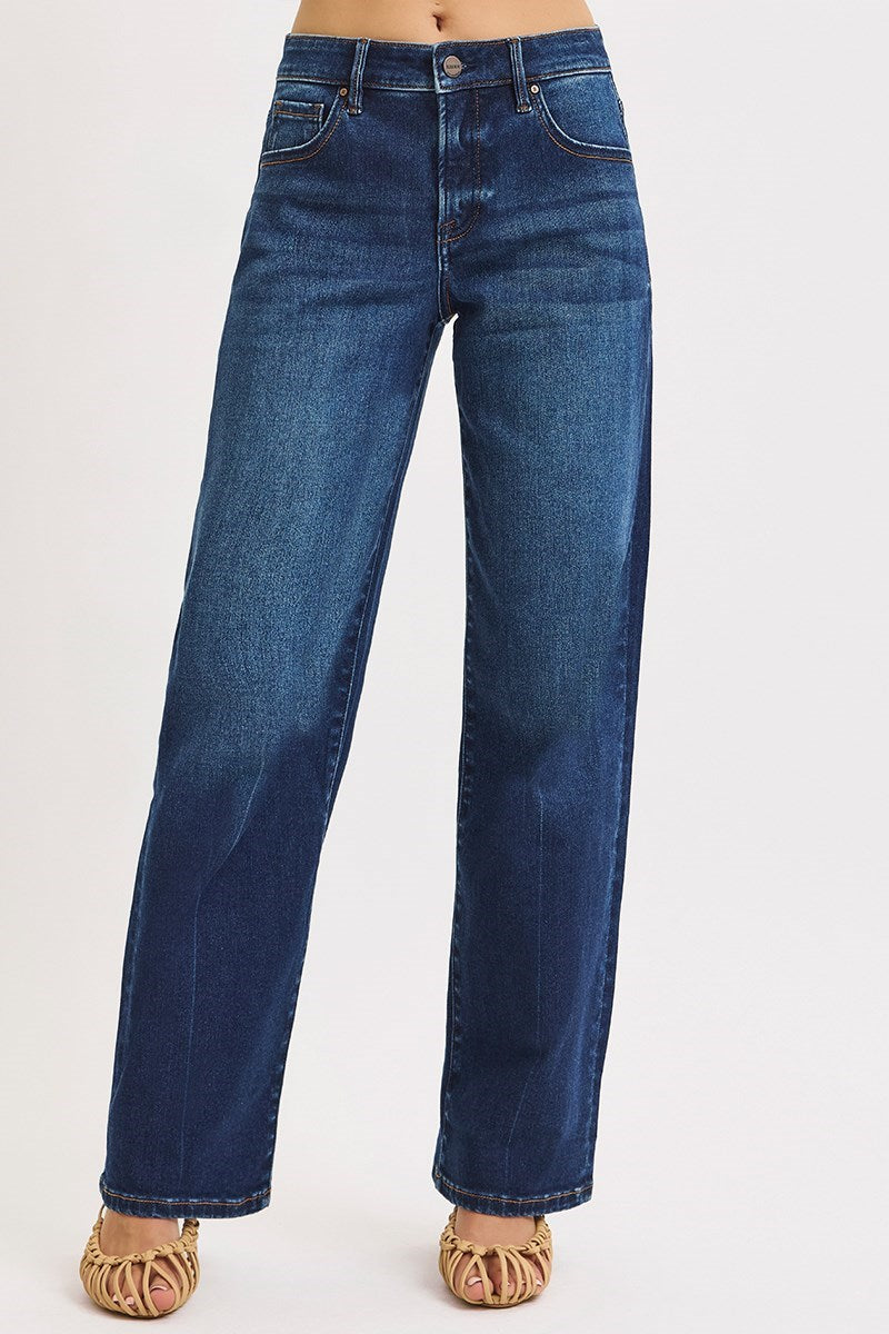 Risen "Alice" Mid Rise Non Distressed Wide Leg Denim - Dark Wash