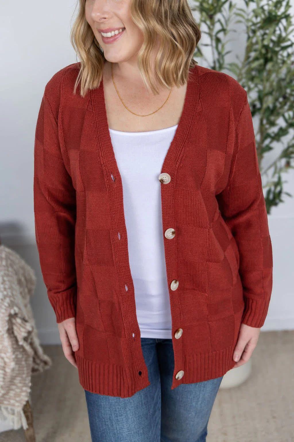 Michelle Mae "Chelsea" Checkered Cardigan - Brick