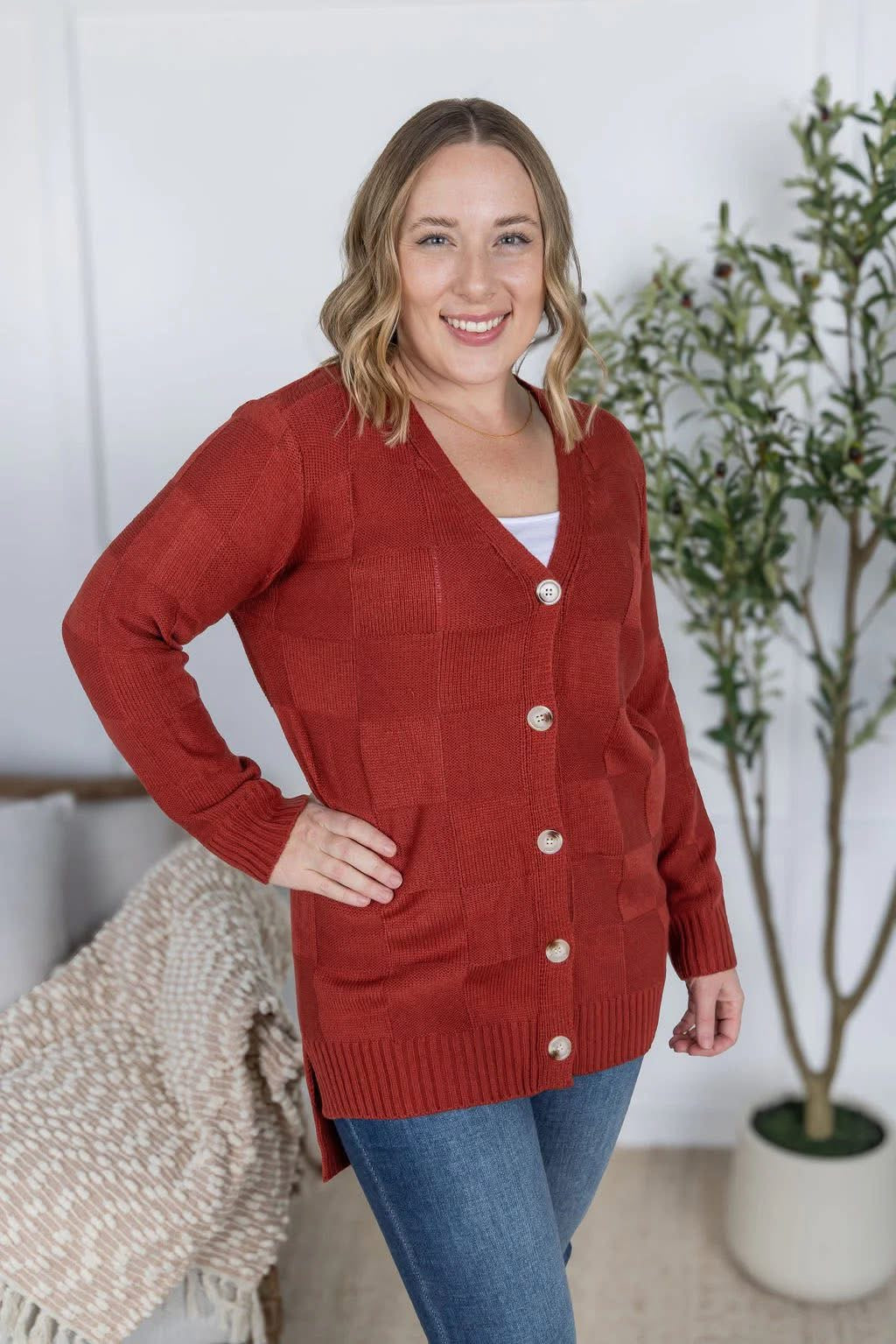 Michelle Mae &quot;Chelsea&quot; Checkered Cardigan - Brick